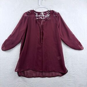 Truth NYC Burgundy Sheer Blouse Lace Shoulder Boho Peasant Top Women's L